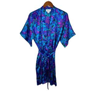 Vintage JO Intimates Robe Kimono Satin Blue Purple Floral Pocket Women's M